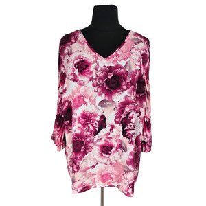 CATHERINES Womens Tunic Top Plus Size 3X Pink Floral V-Neck Bell Sleeve  21P